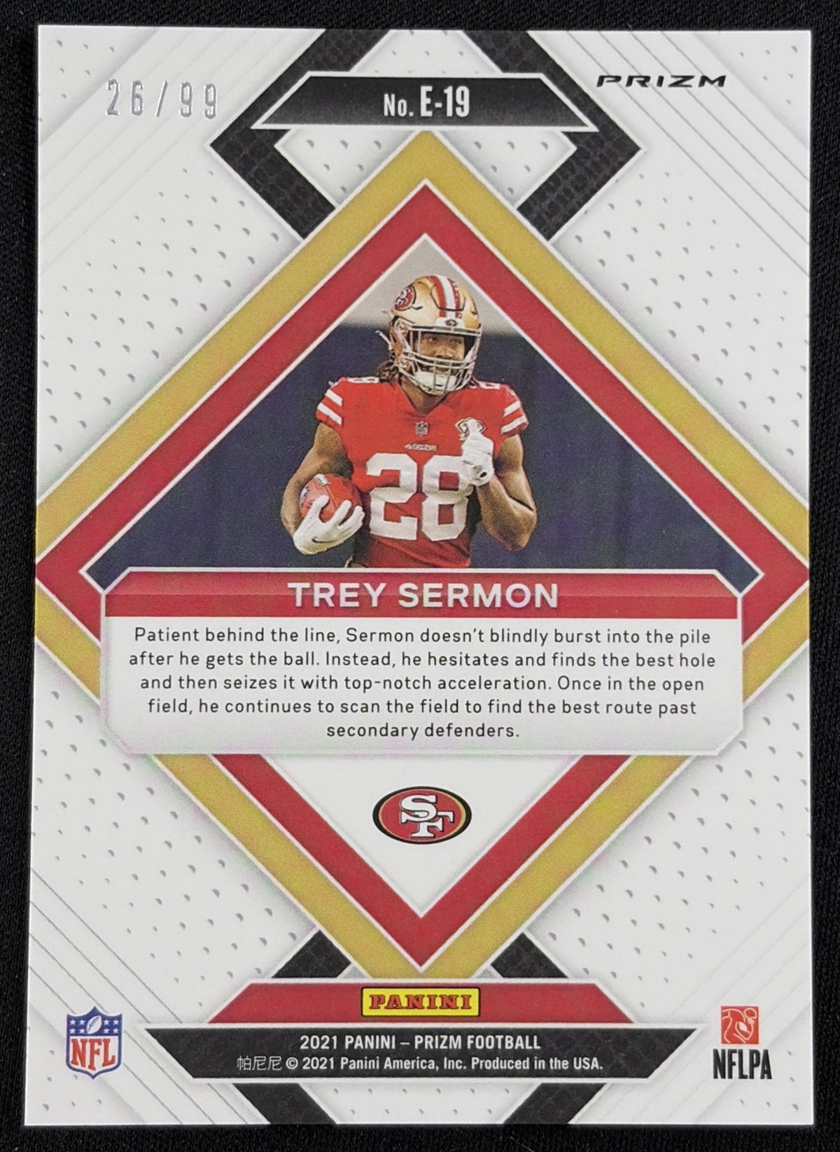 Trey Sermon 2021 Panini Prizm Emergent Prizms Blue Ice /99 49ers - Back
