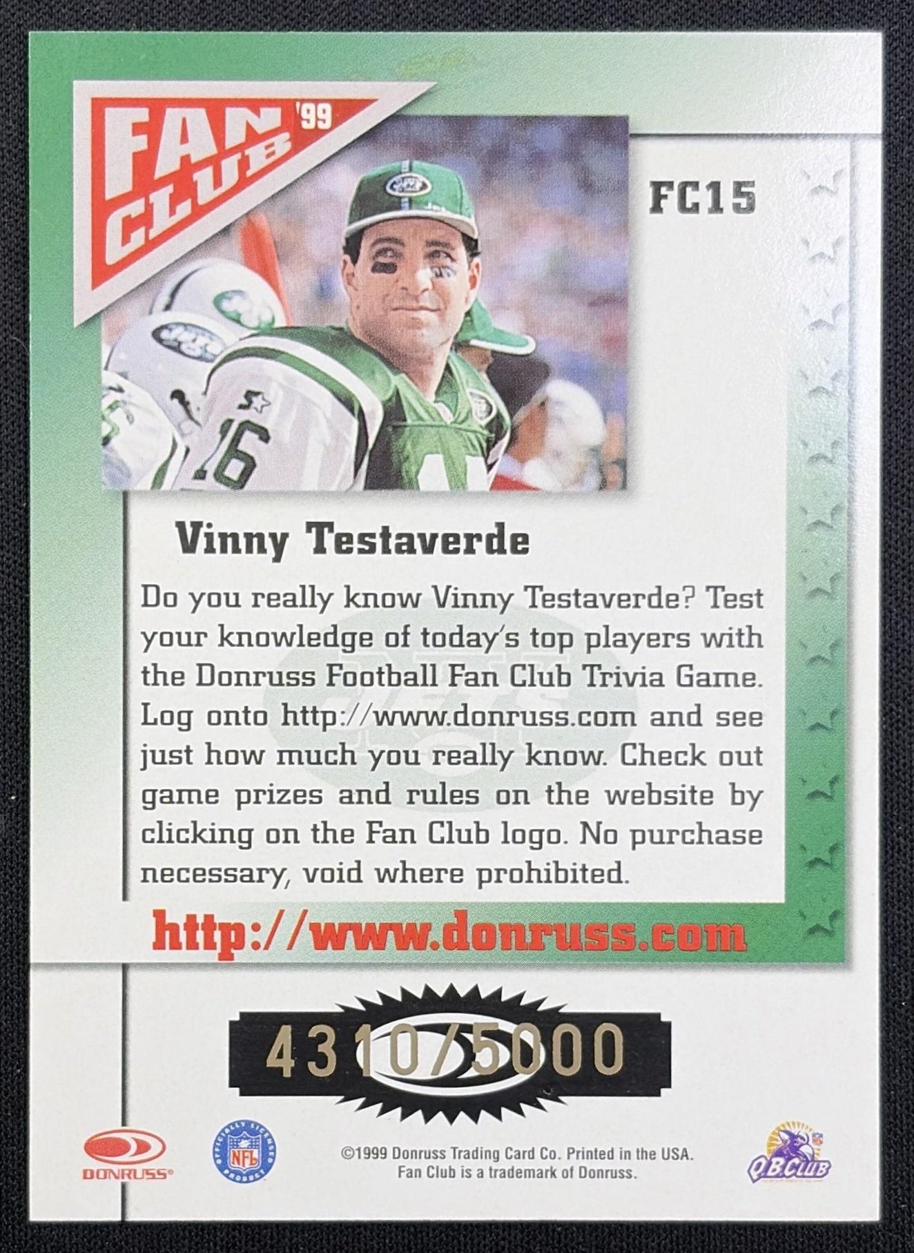 Vinny Testaverde 1999 Donruss Fan Club Gold /5000 Jets New York Jets