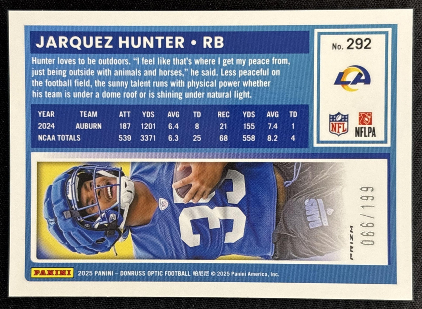 Jarquez Hunter 2025 Panini Donruss Optic Rated Rookie Neon Green Prizm /199 Rams Back