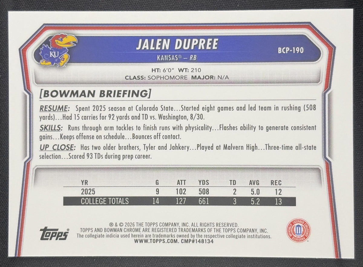 Jalen Dupree 2026 Bowman Chrome Prospects Mojo Refractor Jayhawks