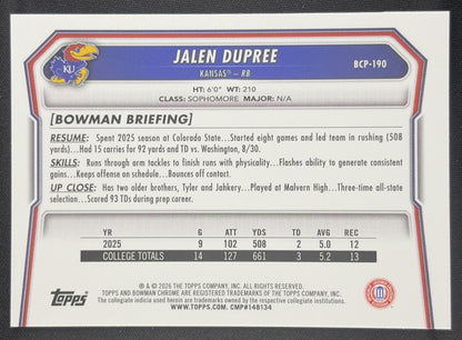 Jalen Dupree 2026 Bowman Chrome Prospects Mojo Refractor Jayhawks