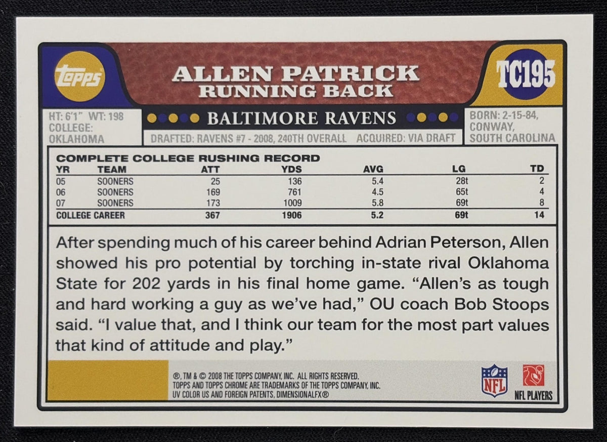 Allen Patrick 2008 Topps Chrome Rookie Auto Ravens sports trading card back