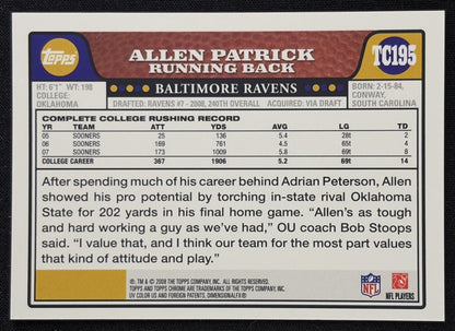 Allen Patrick 2008 Topps Chrome Rookie Auto Ravens sports trading card back