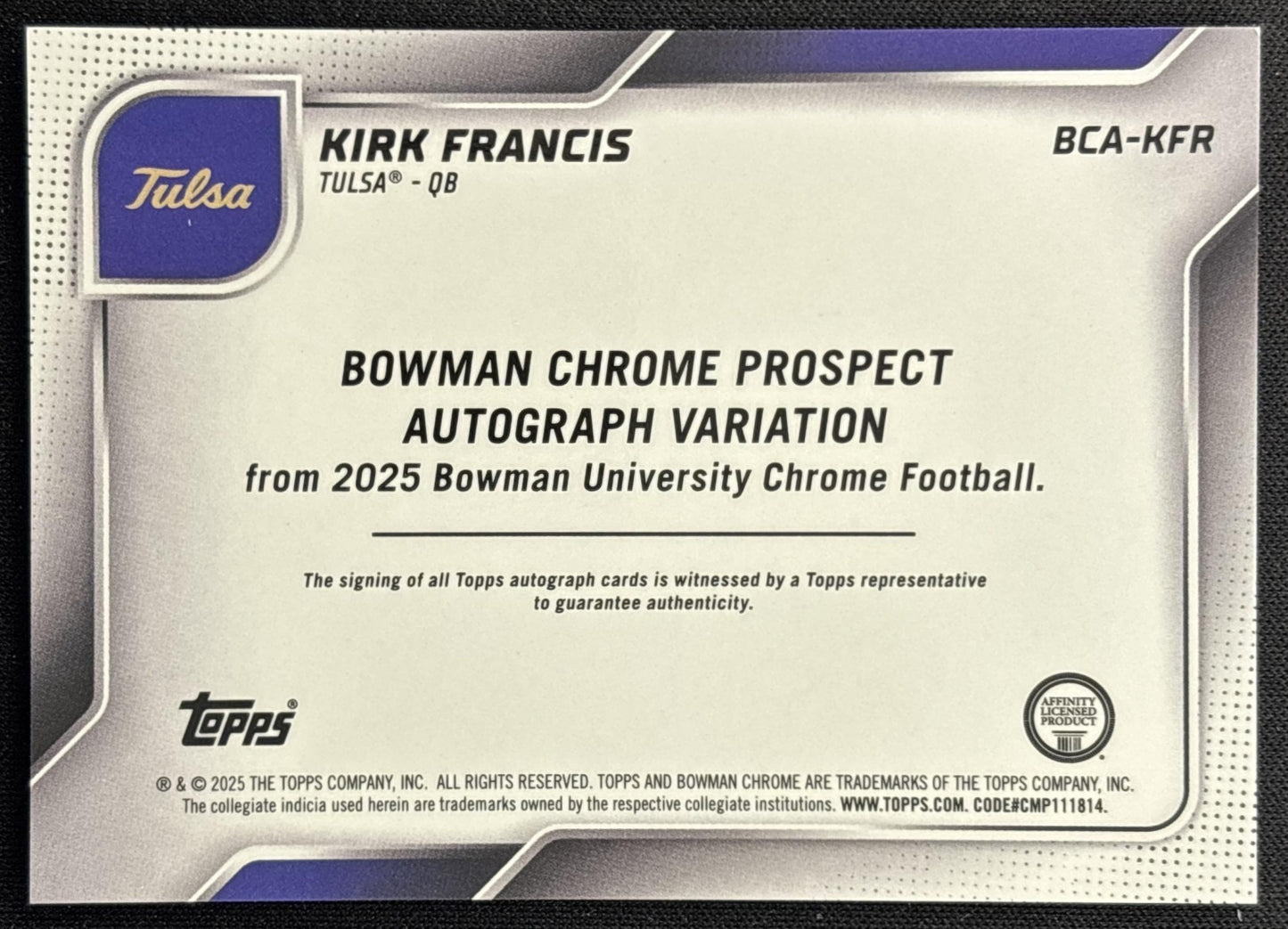 Kirk Francis 2025 Chrome University Prospect Auto Purple Refractor /75 Golden Hurricanes back