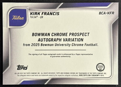 Kirk Francis 2025 Chrome University Prospect Auto Purple Refractor /75 Golden Hurricanes back