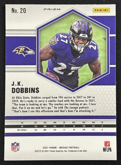 J.K. Dobbins 2021 Panini Mosaic White Sparkle Prizm SSP Ravens sports trading card back