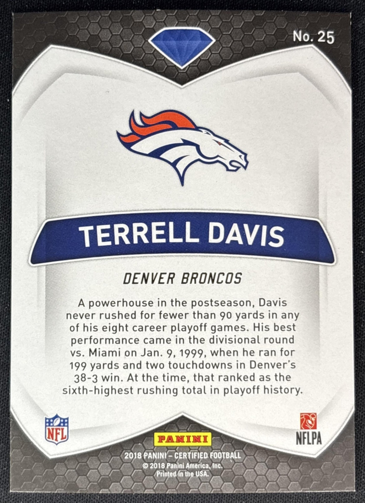 Terrell Davis 2018 Panini Certified Diamonds Mirror Red /99 Broncos back