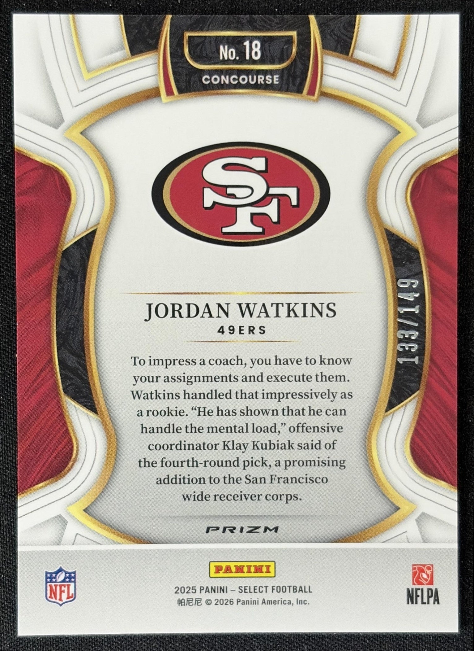 Jordan Watkins 2025 Panini Select Concourse Maroon Prizm /149 49ers back