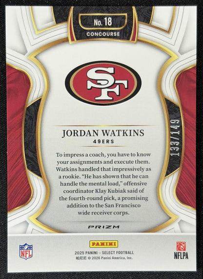 Jordan Watkins 2025 Panini Select Concourse Maroon Prizm /149 49ers back