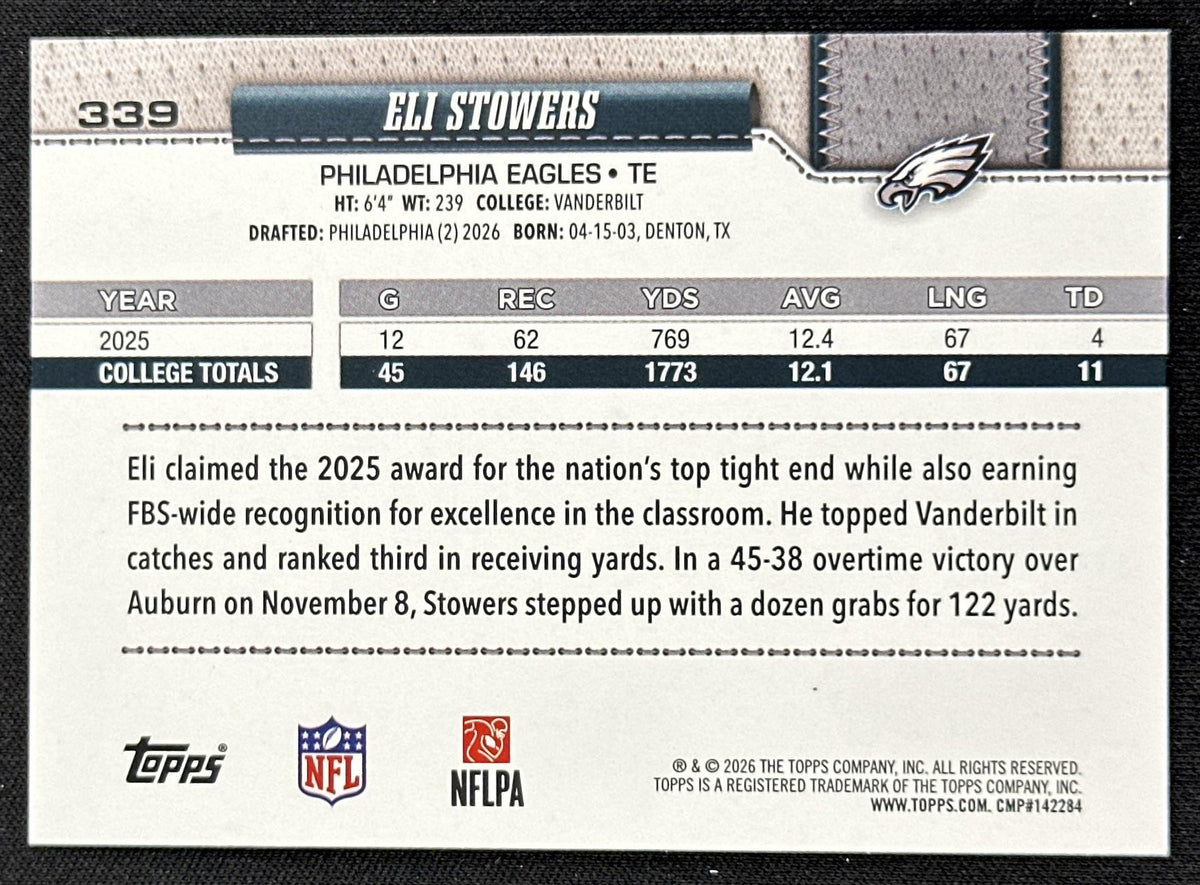 Eli Stowers 2026 Topps Flagship Fanatics Foil Eagles