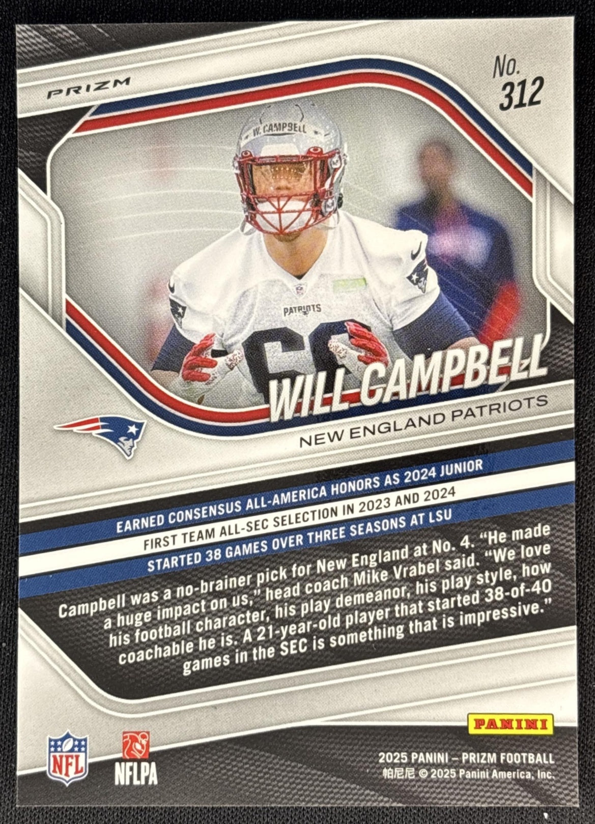 Will Campbell 2025 Panini Prizm Red White & Blue Patriots back