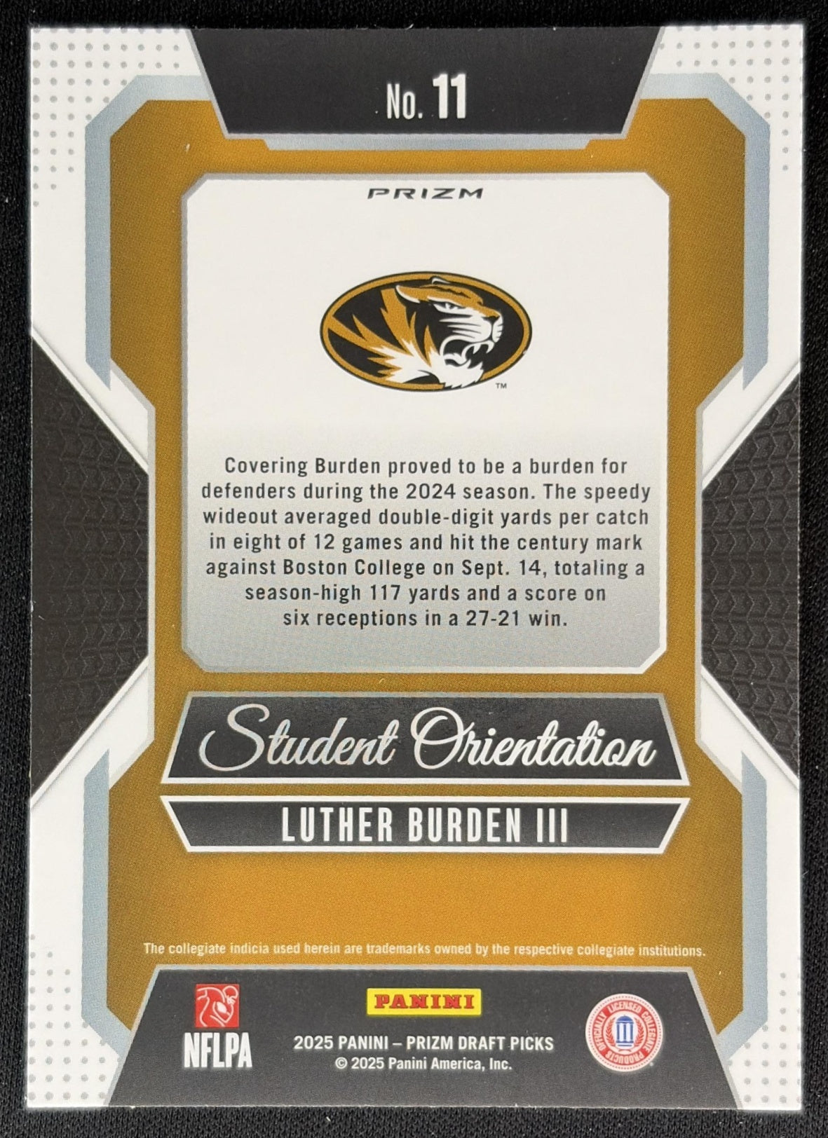 Luther Burden III 2025 Panini Prizm Draft Picks Student Orientation Green Tigers Back