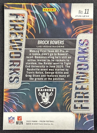 Brock Bowers 2025 Panini Prizm Fireworks No Huddle Raiders