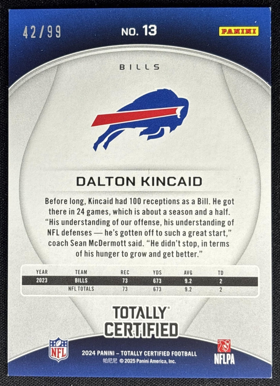Dalton Kincaid 2024 Panini Totally Certified Mirror Platinum Orange /99 Bills