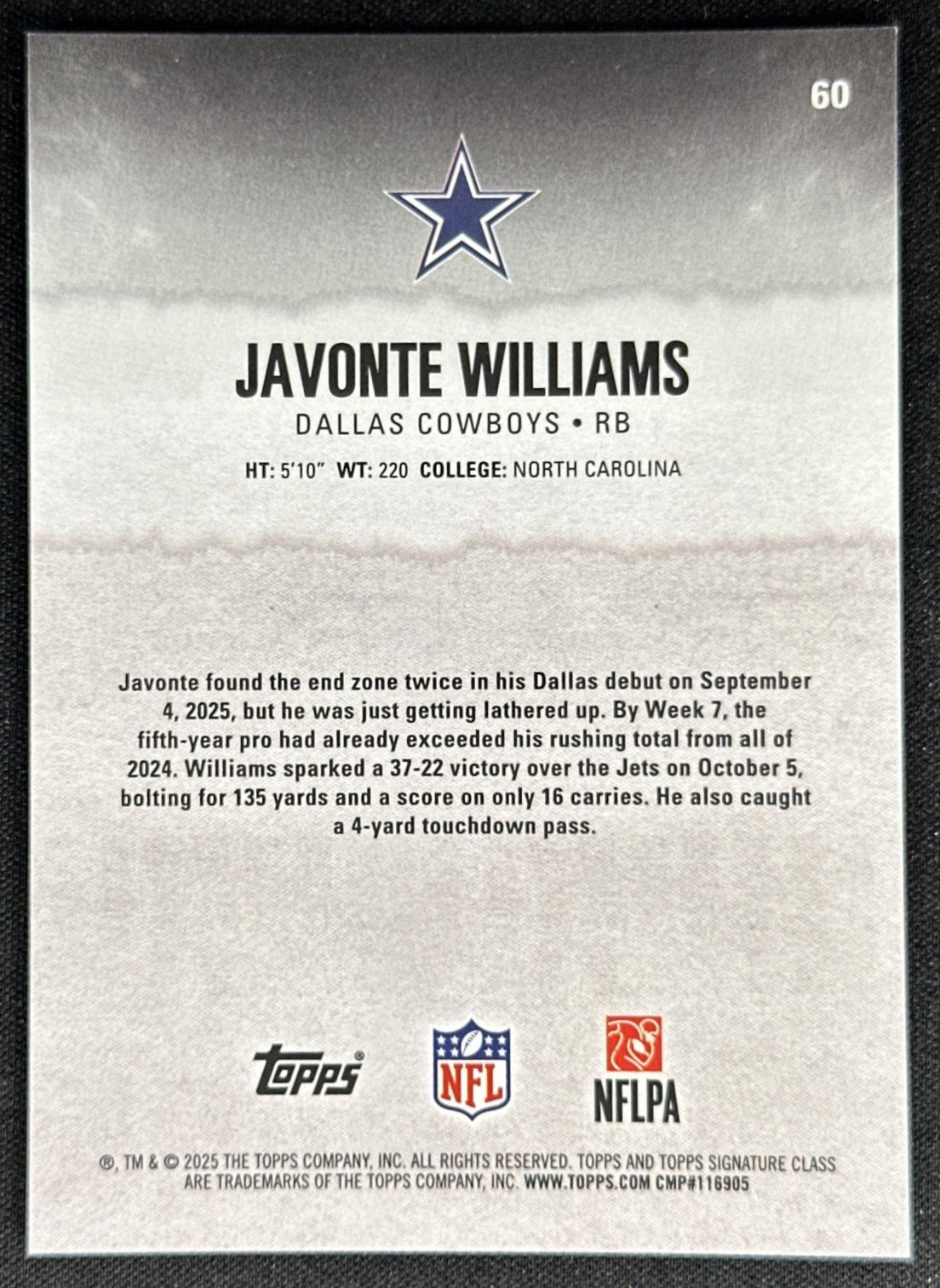 Javonte Williams 2025 Signature Class Chrome Veteran Silver Refractor /275 Cowboys