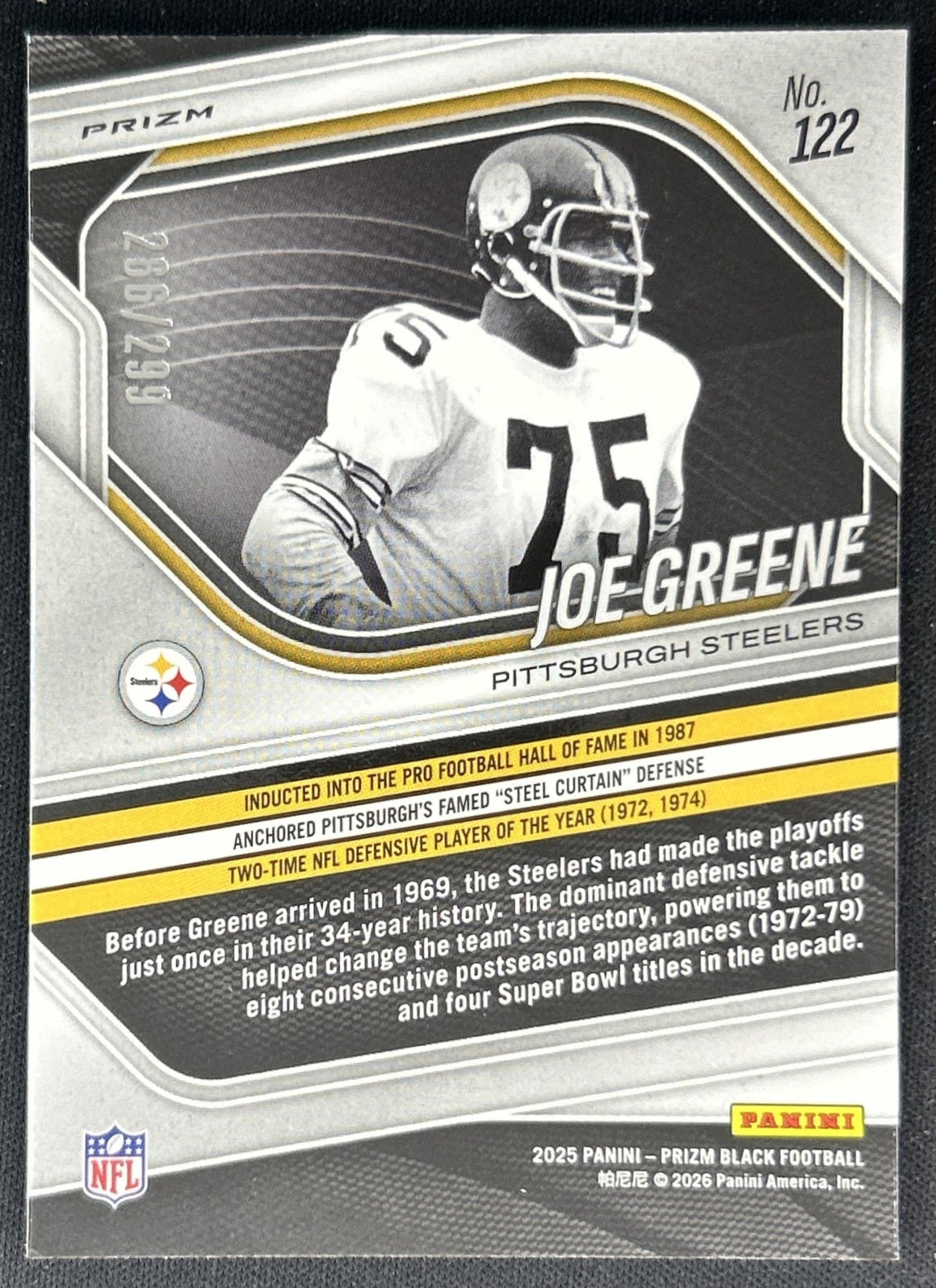 Joe Greene 2025 Panini Prizm Black Red /299 Steelers Back