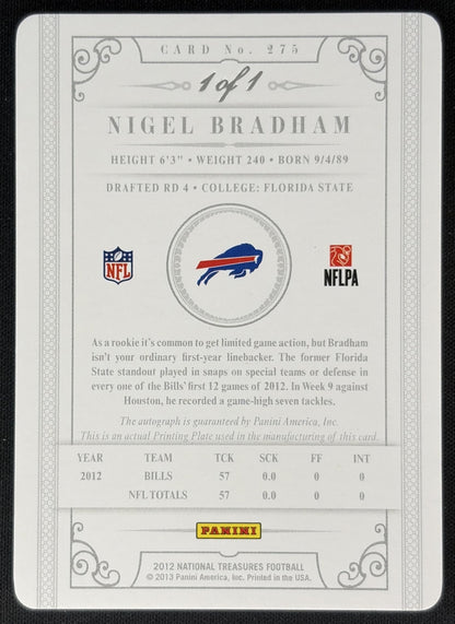 Nigel Bradham 2012 Panini National Treasures Printing Plates Black 1/1 Bills back