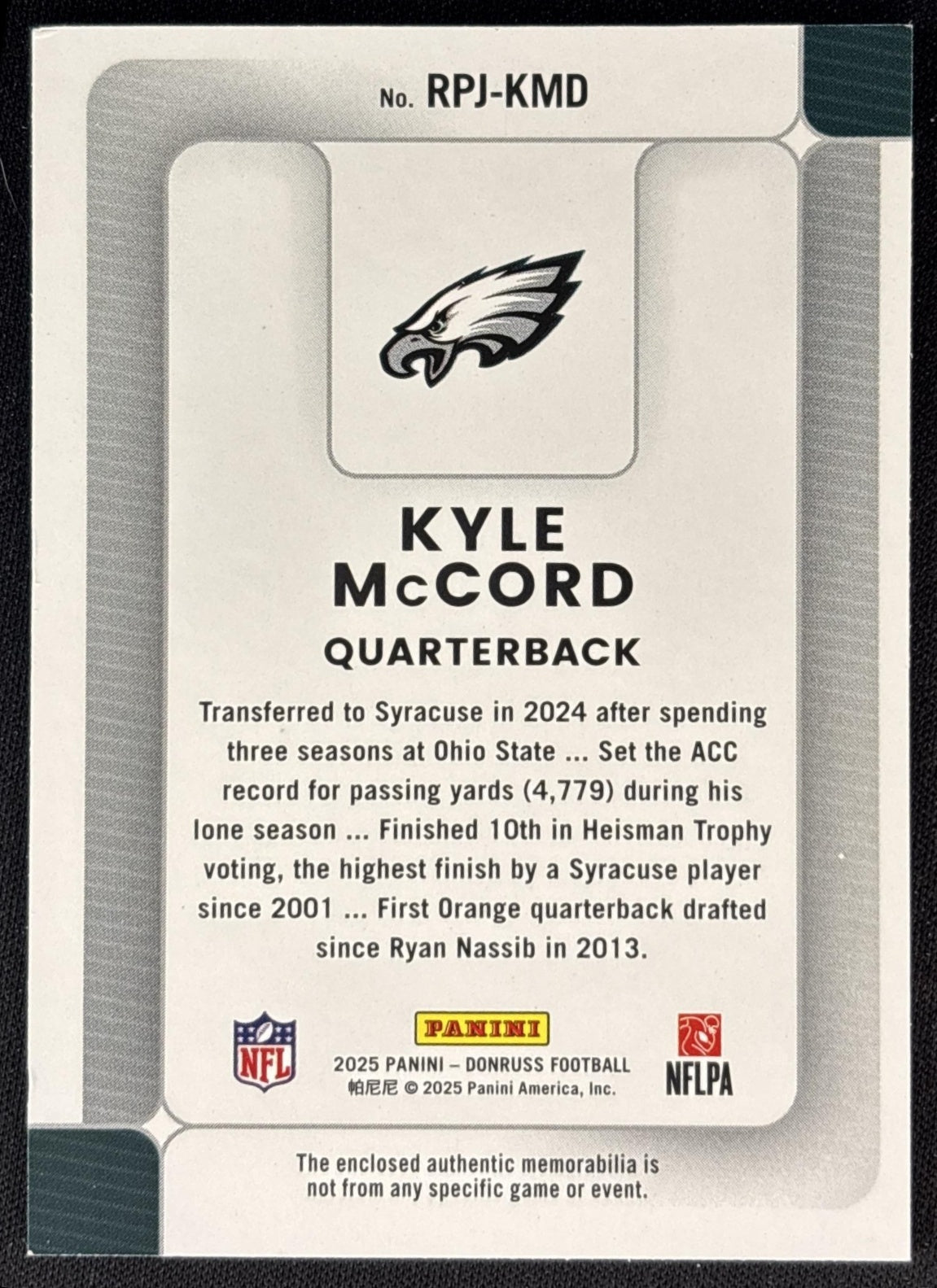 Kyle McCord 2025 Panini Donruss Rookie Phenom Jerseys Eagles back