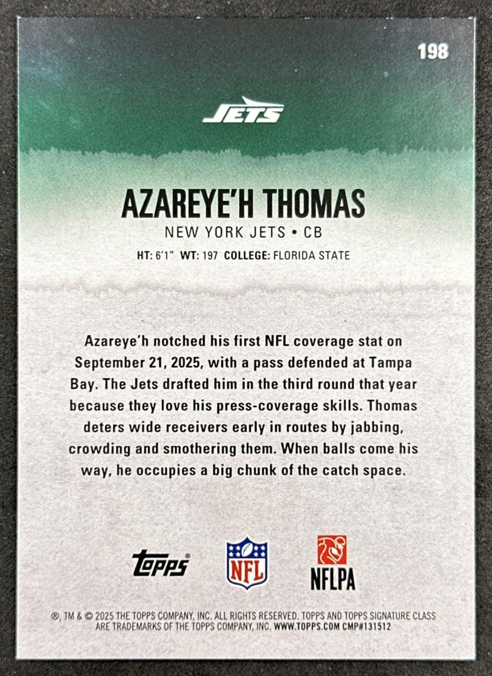Azareye'h Thomas 2025 Topps Signature Class Rookie Green & Purple Foil Jets back sports trading card