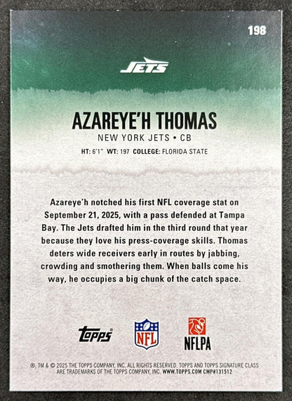 Azareye'h Thomas 2025 Topps Signature Class Rookie Green & Purple Foil Jets back sports trading card
