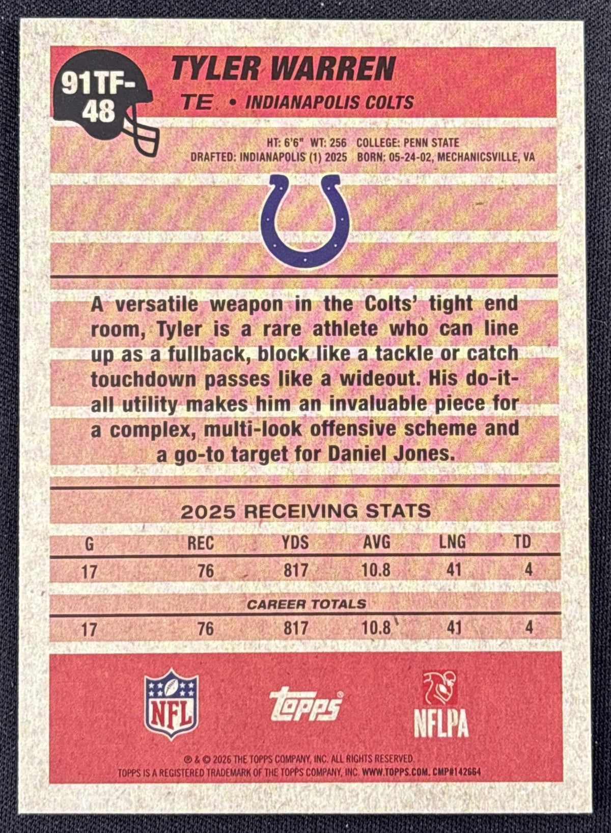 Tyler Warren 2026 Topps 1991 Crackle Foil Colts