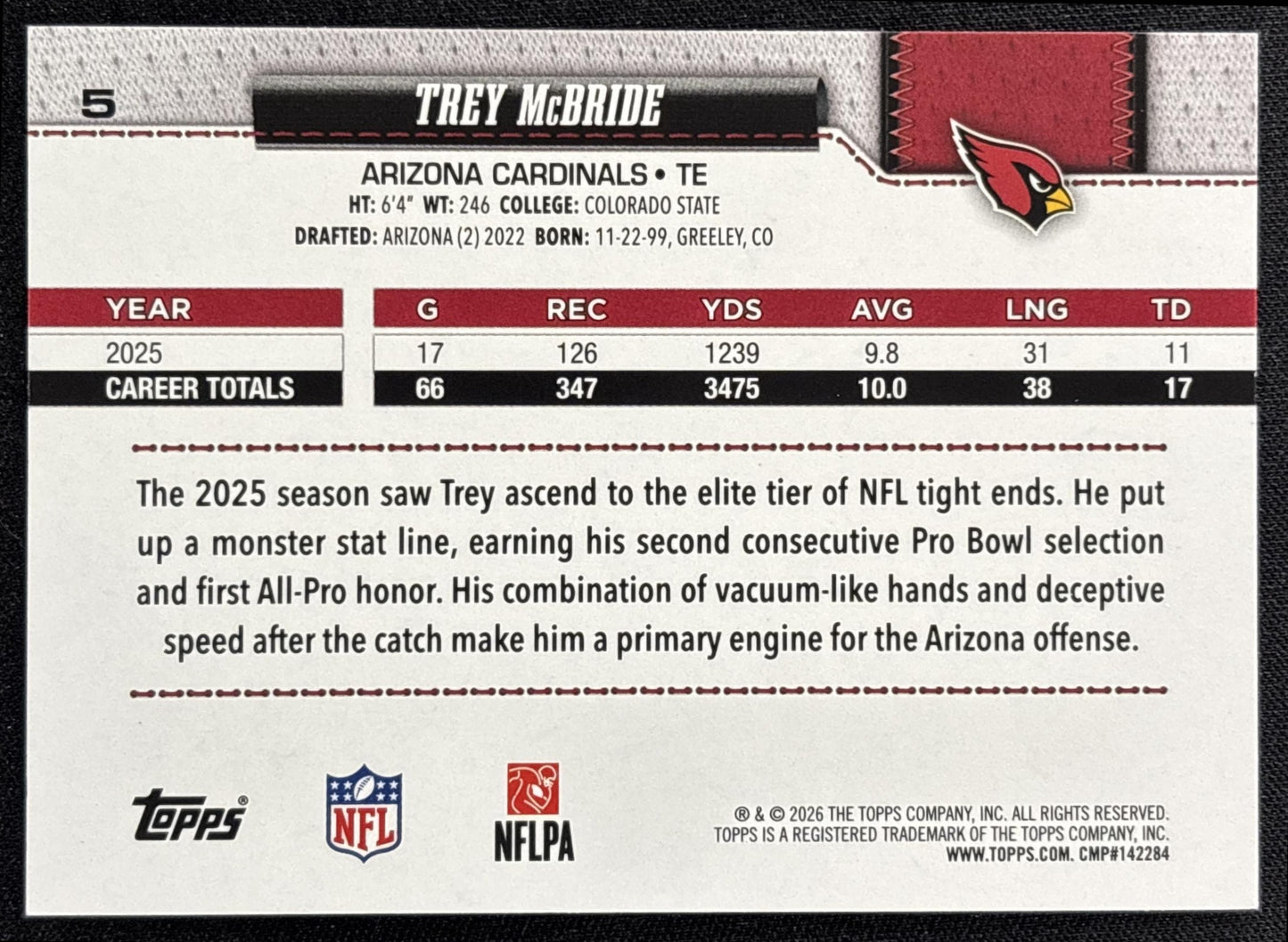 Trey McBride 2026 Topps Football Leather Foil Cardinals