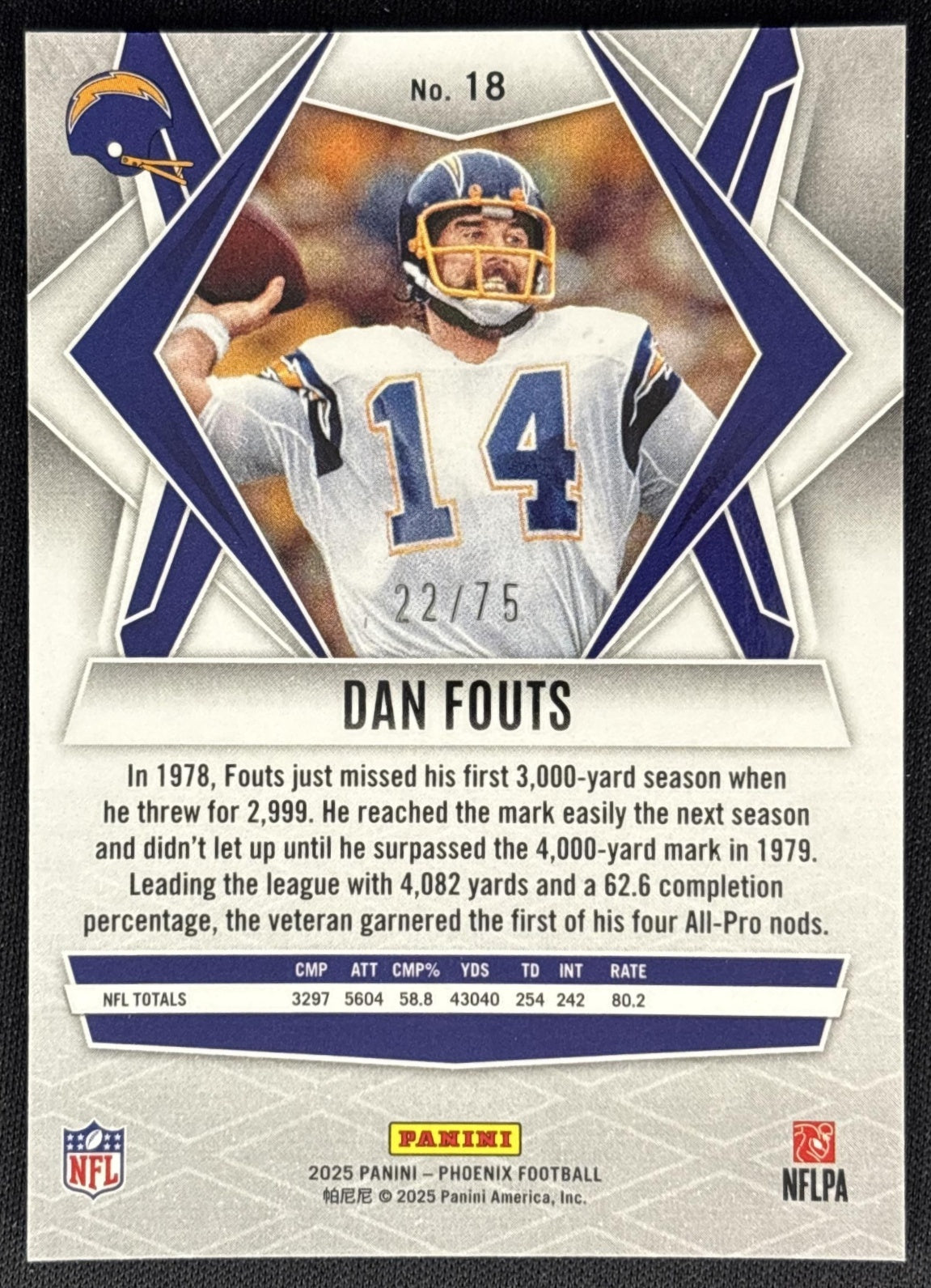 Dan Fouts 2025 Panini Phoenix Pink Seismic Prizm /75 Chargers back
