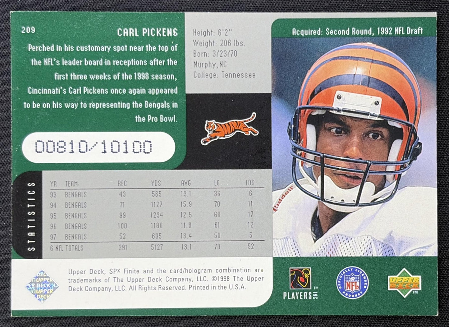 Carl Pickens 1998 SPx Finite /10100 Bengals