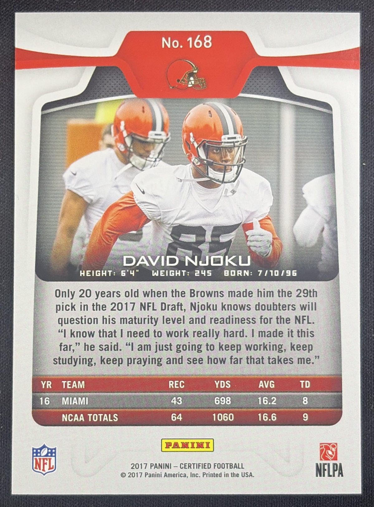 David Njoku 2017 Panini Certified /999 Browns