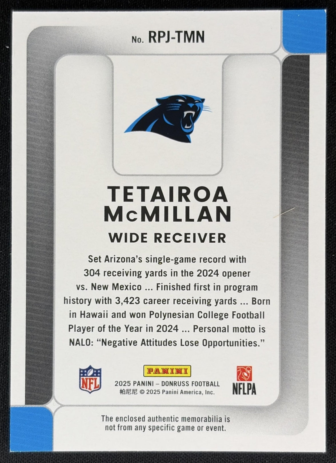 Tetairoa McMillan 2025 Panini Donruss Rookie Phenom Jerseys Panthers back