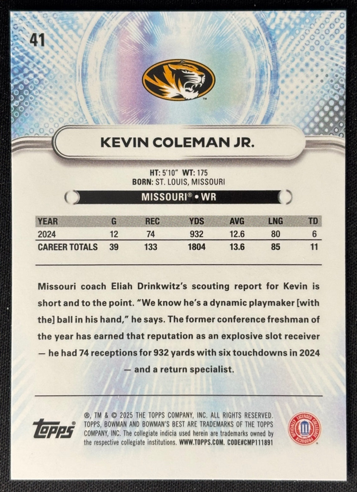 Back of Kevin Coleman Jr. 2025 Best University Aqua Lava Refractor /199 Tigers