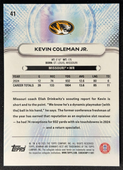 Back of Kevin Coleman Jr. 2025 Best University Aqua Lava Refractor /199 Tigers