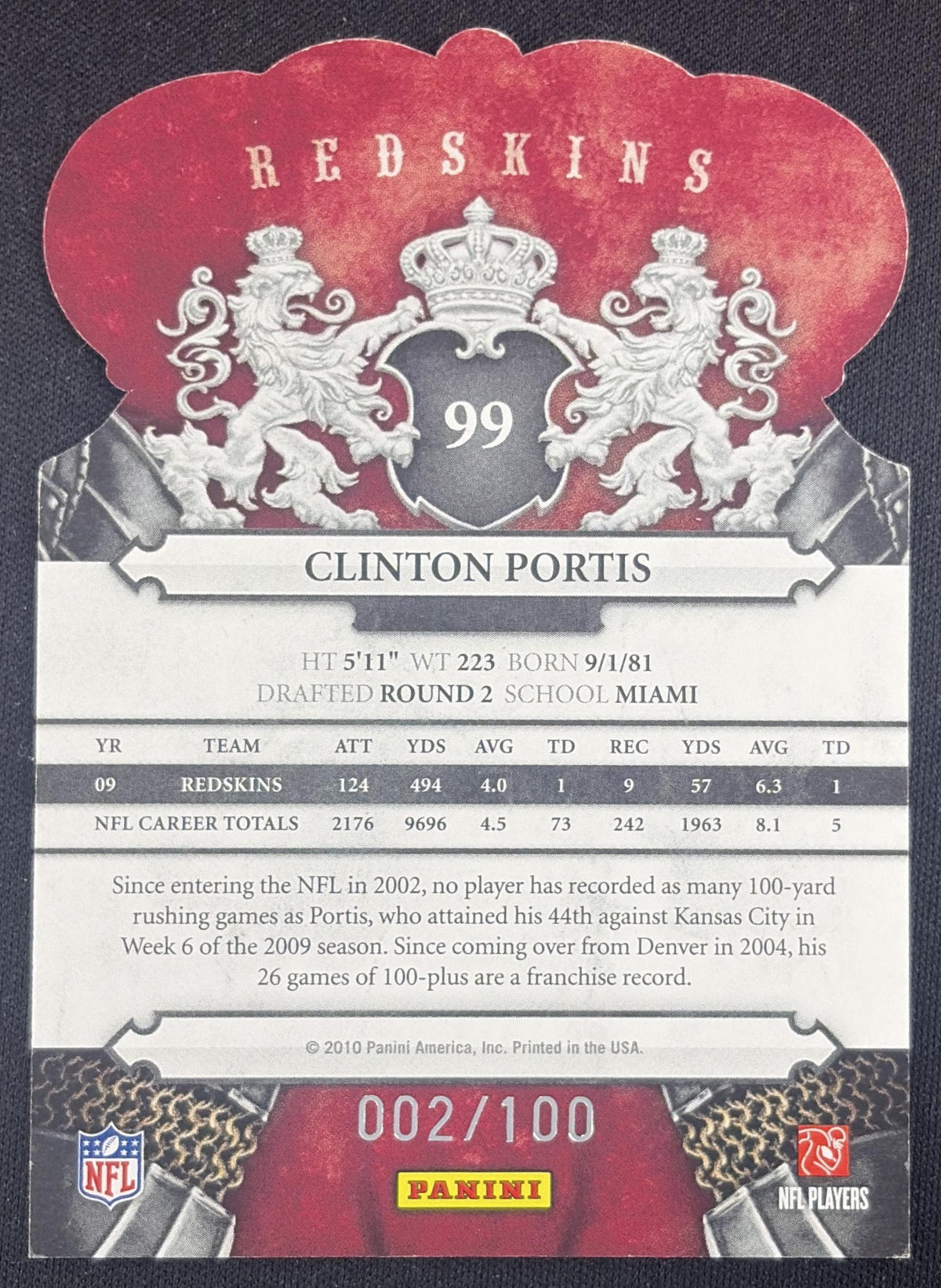 Clinton Portis 2010 Panini Crown Royale Blue /100 Redskins