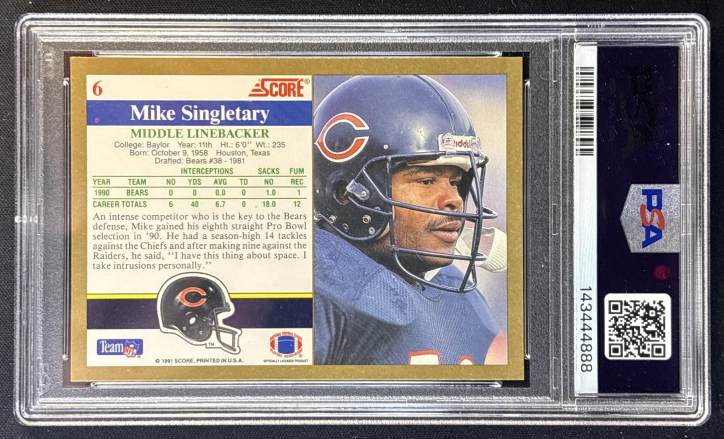 Mike Singletary 1991 Score PSA 10 Bears 143444888 back
