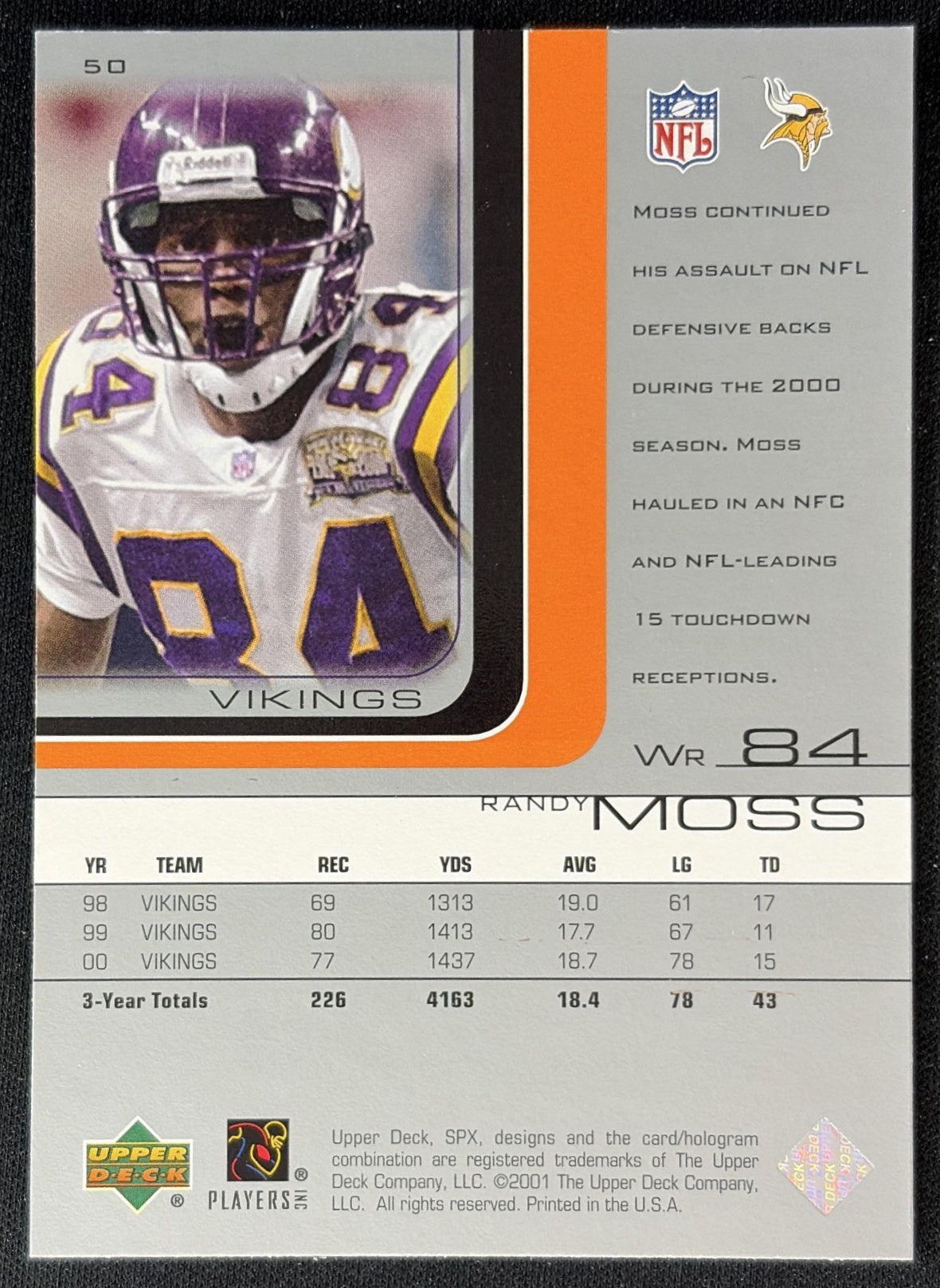Randy Moss 2001 SPx Vikings back