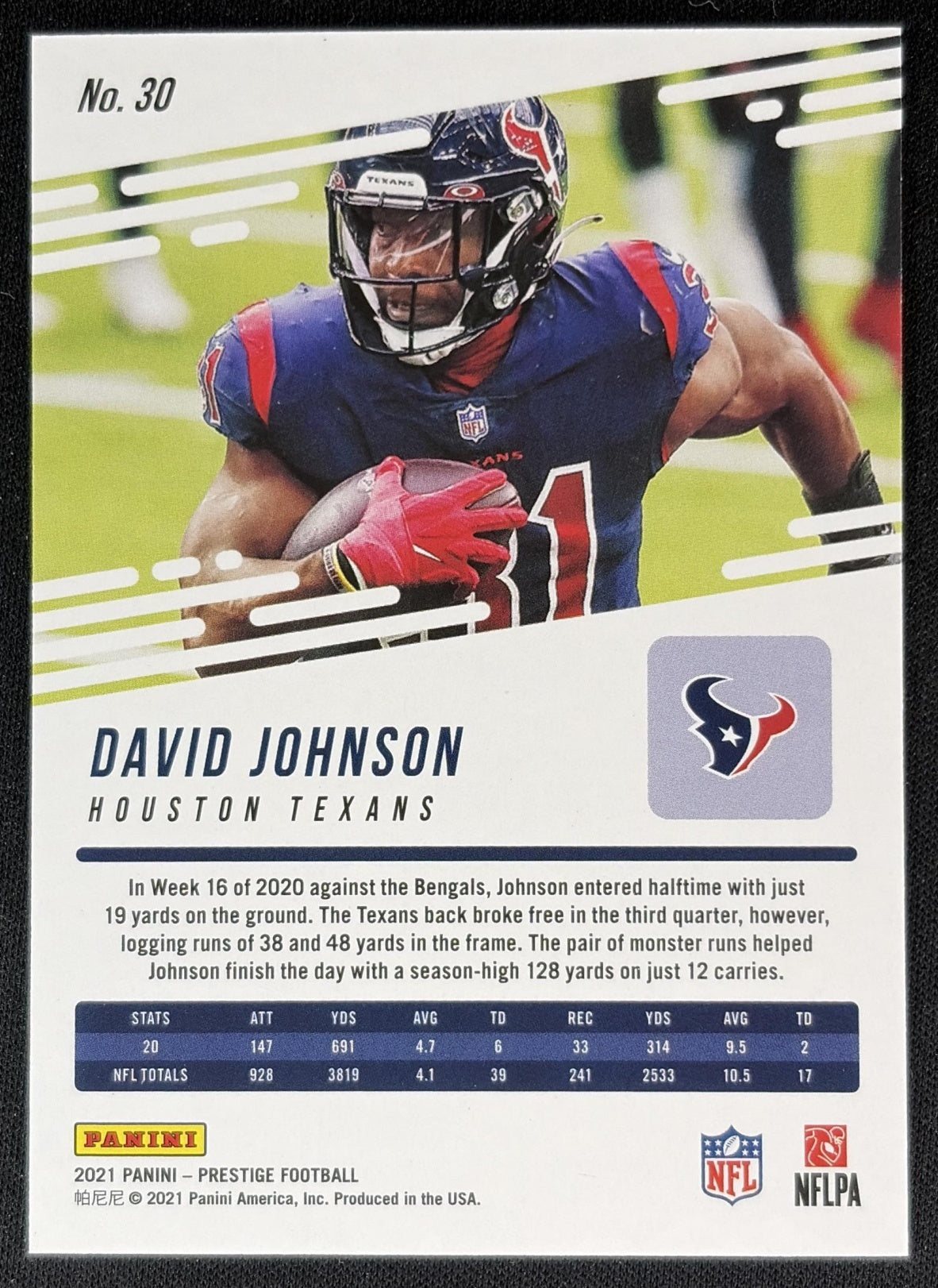 David Johnson 2021 Panini Prestige Xtra Points Premium Red /299 Texans back