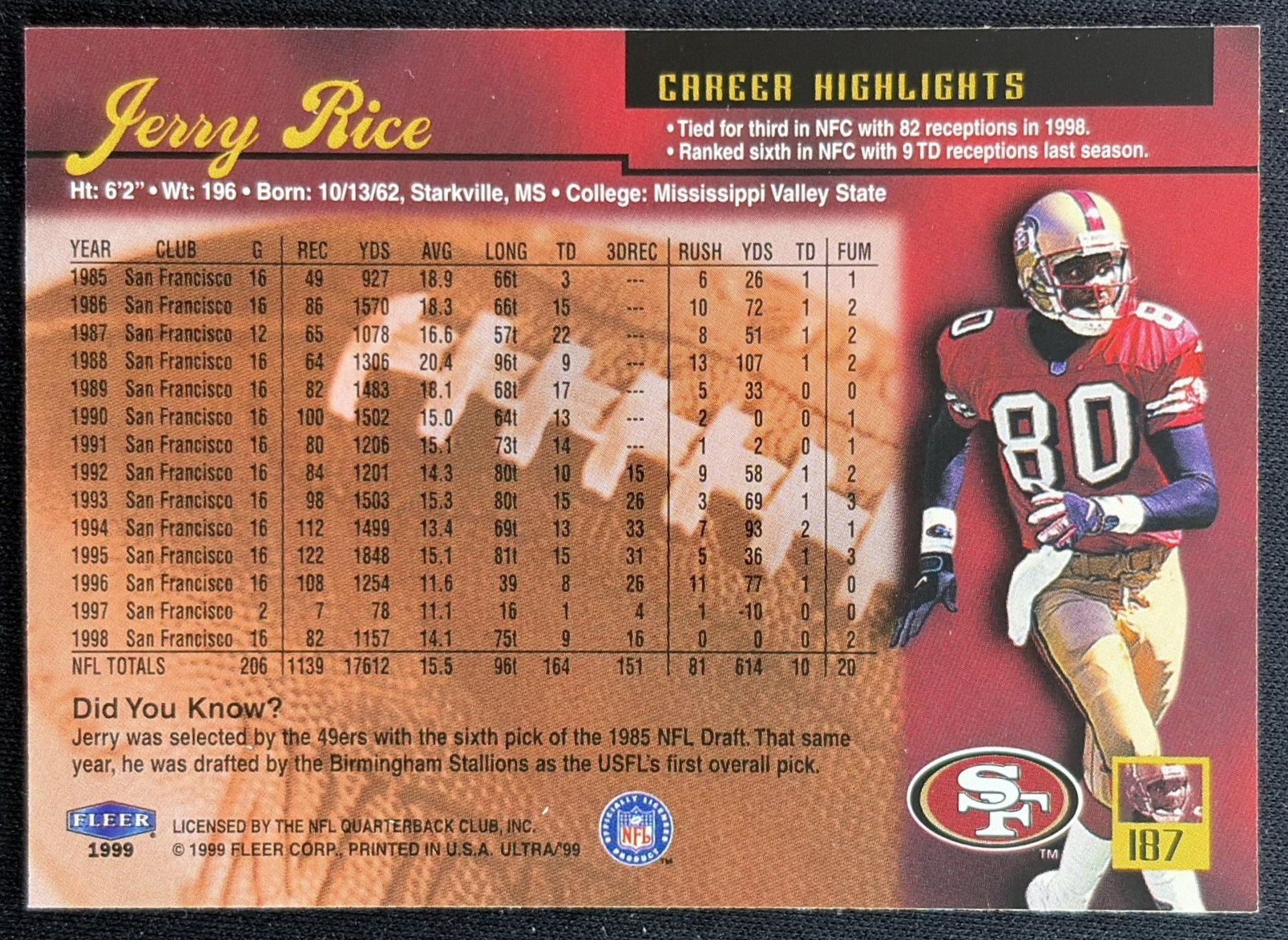 Jerry Rice 1999 Fleer Ultra 49ers Sports Trading Cards