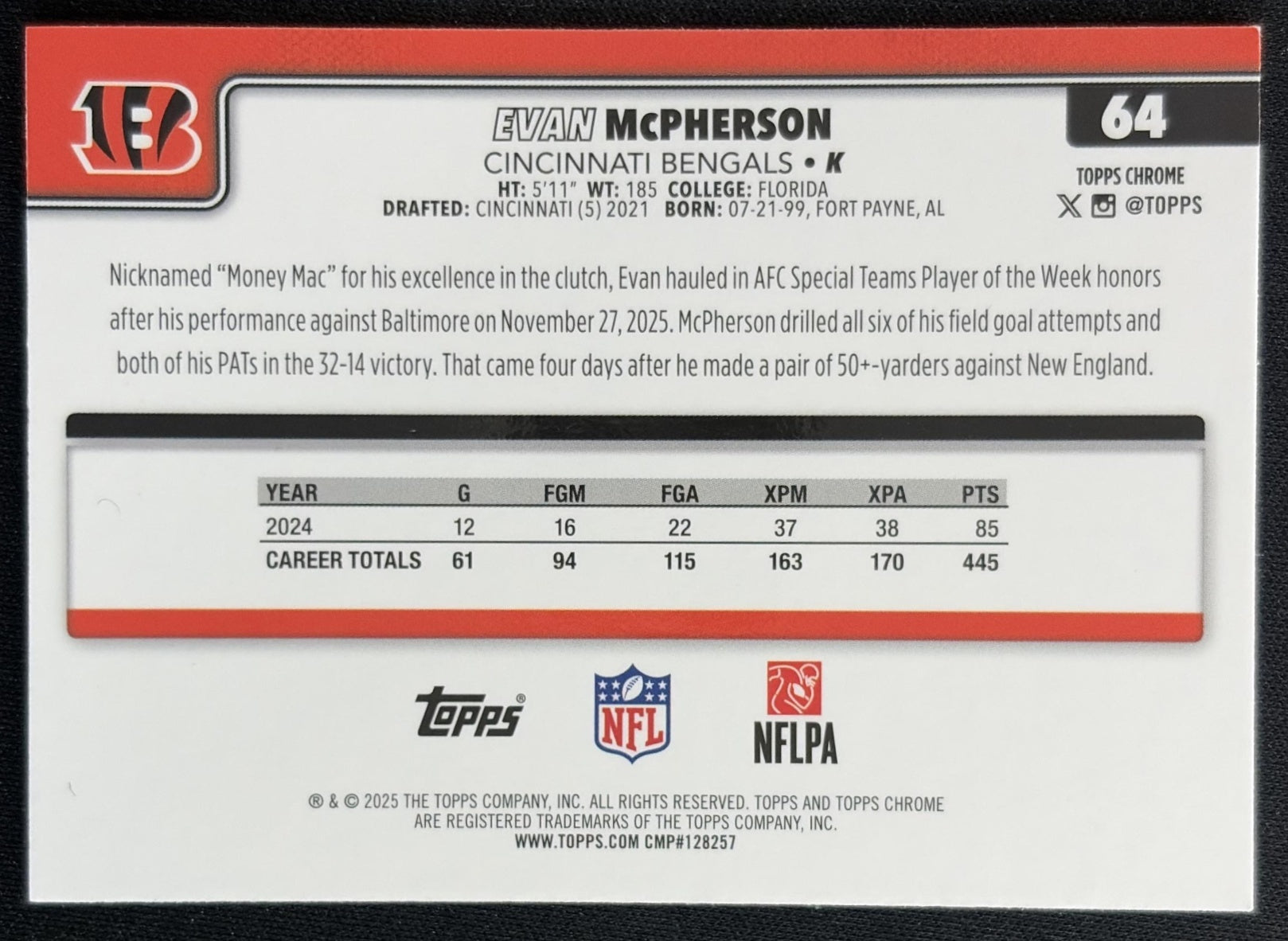 Evan McPherson 2025 Topps Chrome Green Wave Refractor /99 Bengals Sports Trading Cards