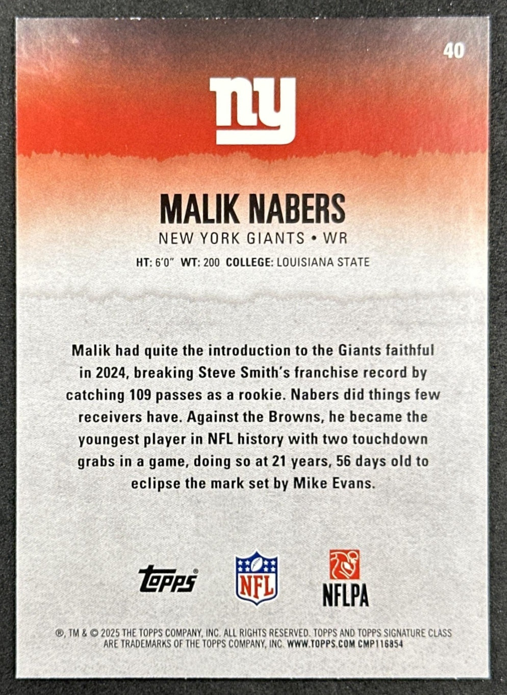 Malik Nabers 2025 Topps Signature Class Veteran Red & Black Foil Giants