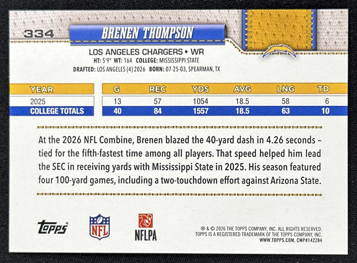 Brenen Thompson 2026 Topps Flagship Fanatics Foil Chargers
