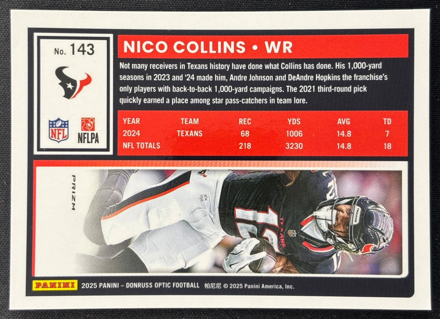Nico Collins 2025 Donruss Optic Holo Prizm Texans Sports Trading Card