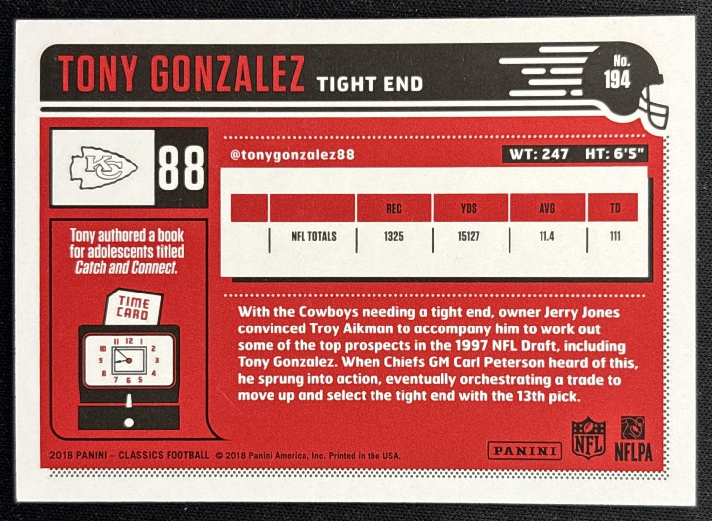 Tony Gonzalez 2018 Panini Classics Red Back /299 Chiefs back