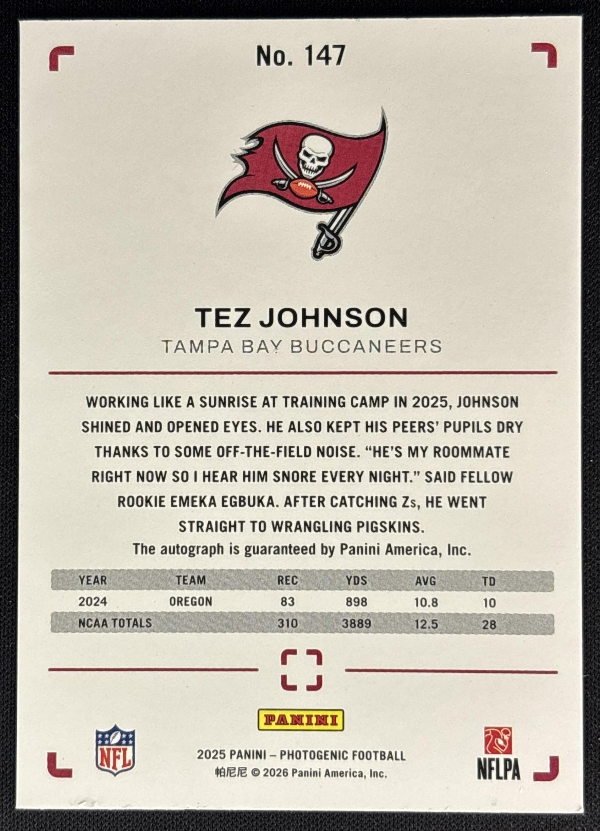 Tez Johnson 2025 Panini PhotoGenic Rookie Auto Silver /15 Buccaneers