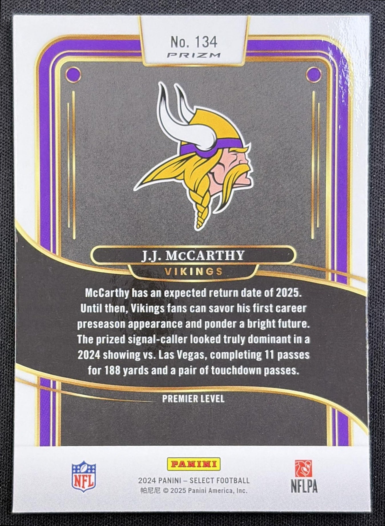 J.J. McCarthy 2024 Panini Select Premier Red and Blue Prizm Shock Vikings