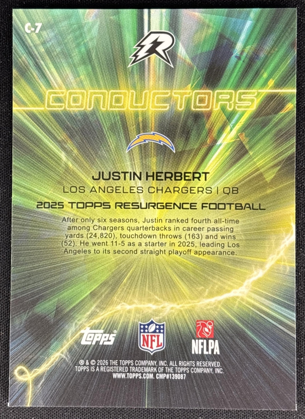 Justin Herbert 2025 Topps Resurgence Conductors Chargers