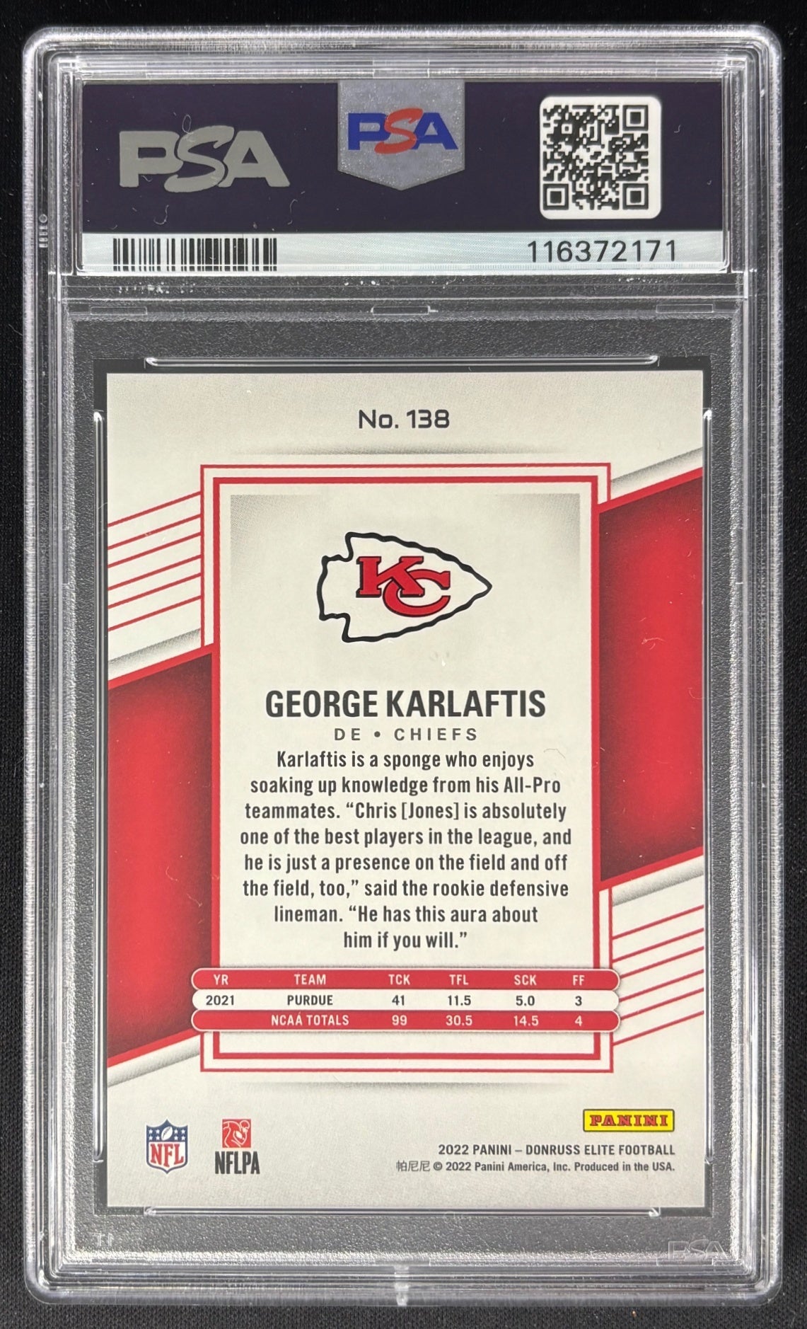 George Karlaftis 2022 Panini Donruss Elite Gold /10 PSA 10 Chiefs Sports Trading Card