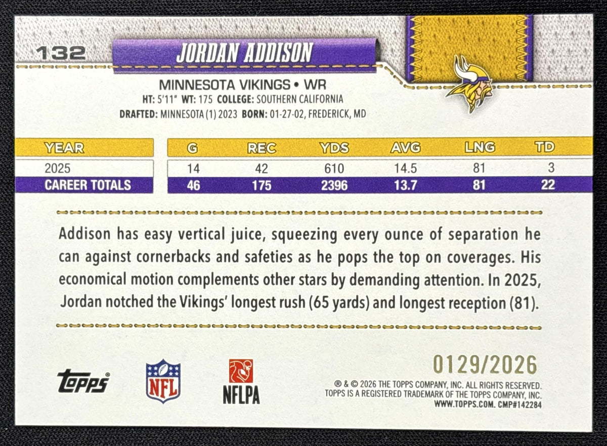 Jordan Addison 2026 Topps Gold /2026 Vikings