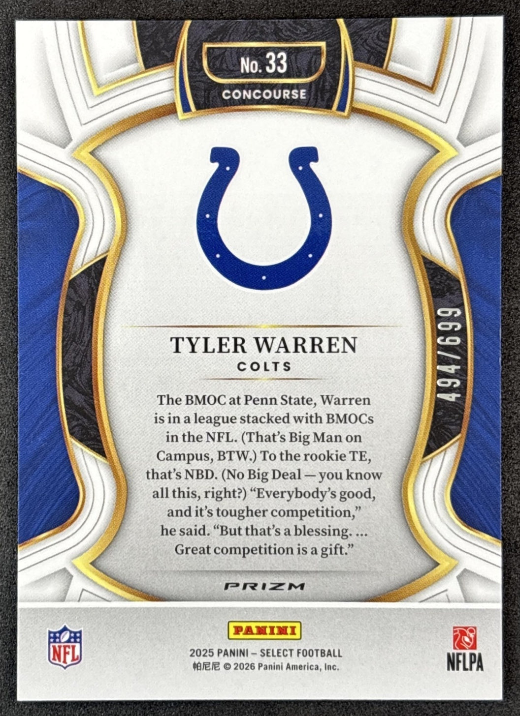 Tyler Warren 2025 Panini Select Concourse Purple Prizm Shock /699 Colts