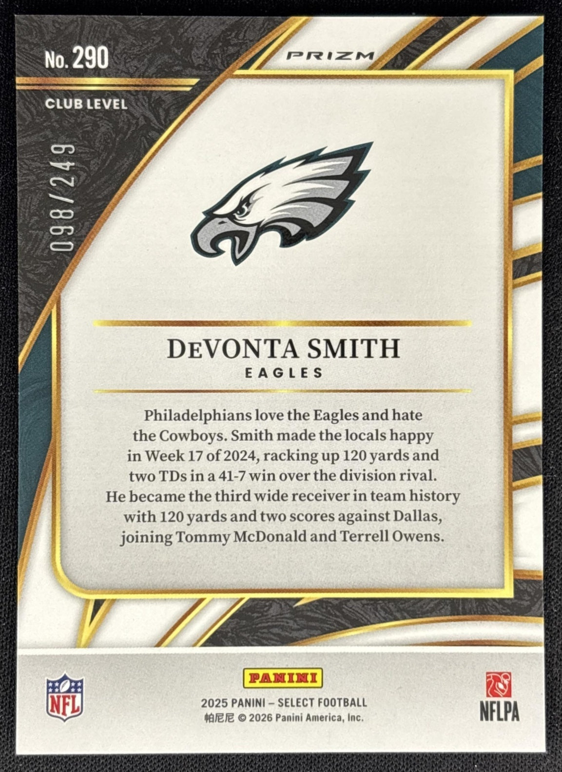 DeVonta Smith 2025 Panini Select Club Level Tri-Color Prizm /249 Eagles back