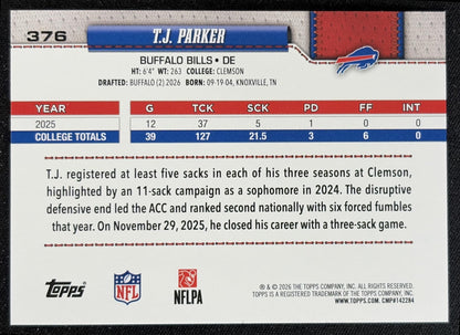 T.J. Parker 2026 Topps Rainbow Foil Bills back